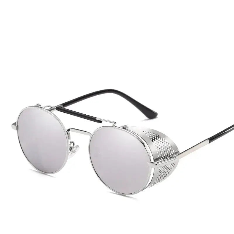 a pair of mirrored sunglasses with a metal frame