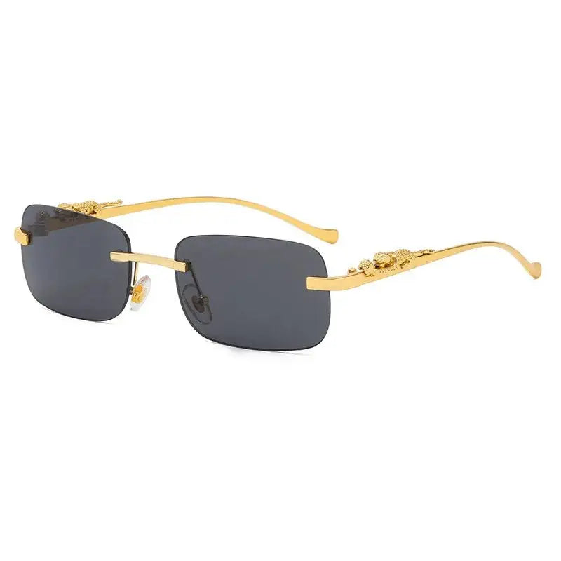 Tinted Rimless Sunglasses in Rectangle Shape with Leopard Head - ShadeSaint