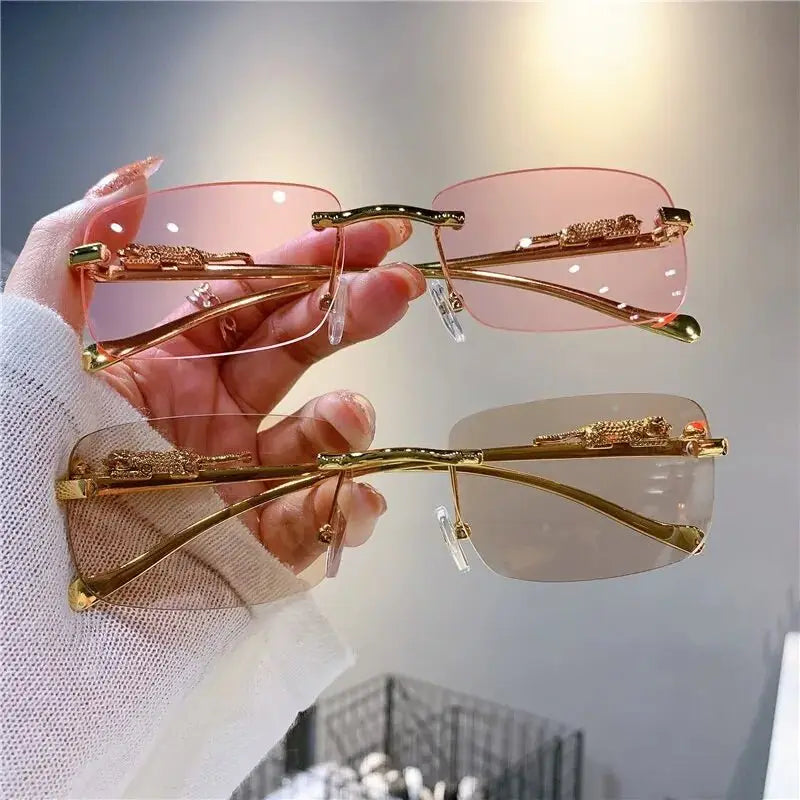 Tinted Rimless Sunglasses in Rectangle Shape with Leopard Head - ShadeSaint