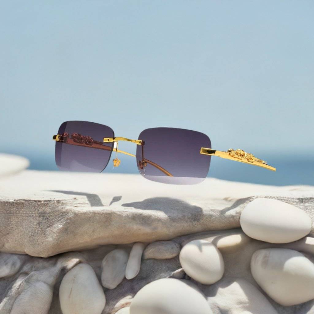 Tinted Rimless Sunglasses in Rectangle Shape with Leopard Head - ShadeSaint