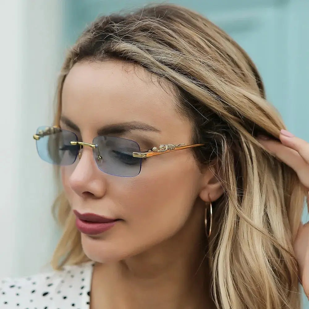 Tinted Rimless Sunglasses in Rectangle Shape with Leopard Head - ShadeSaint