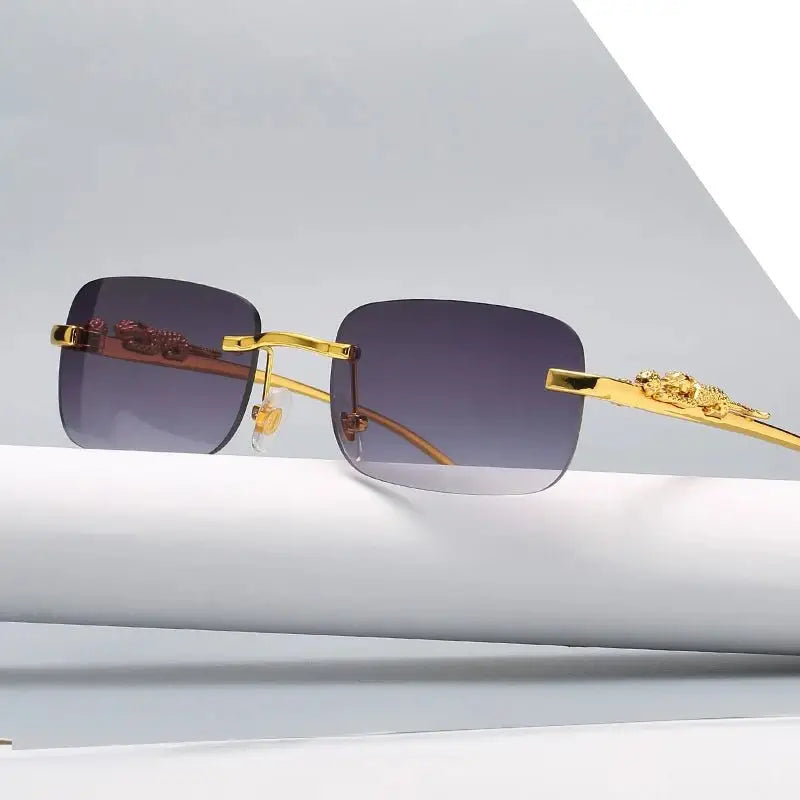 Tinted Rimless Sunglasses in Rectangle Shape with Leopard Head - ShadeSaint