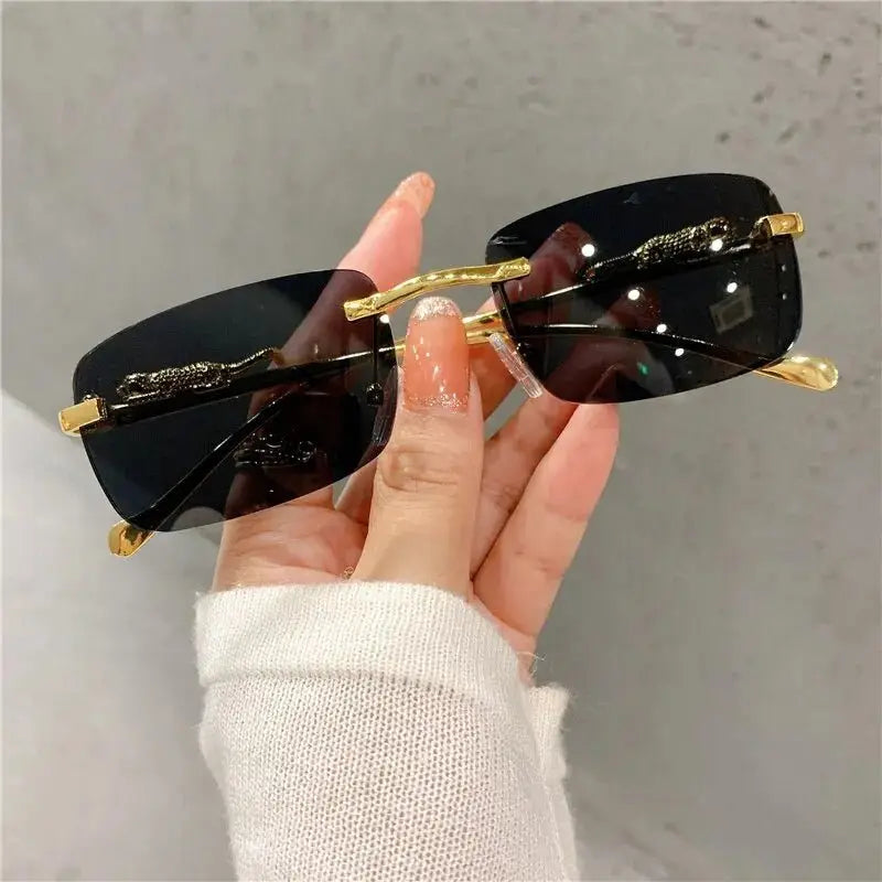Tinted Rimless Sunglasses in Rectangle Shape with Leopard Head - ShadeSaint