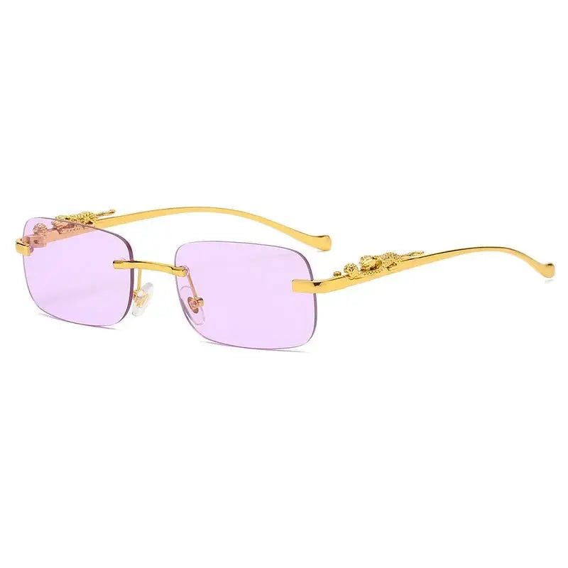 Tinted Rimless Sunglasses in Rectangle Shape with Leopard Head - ShadeSaint