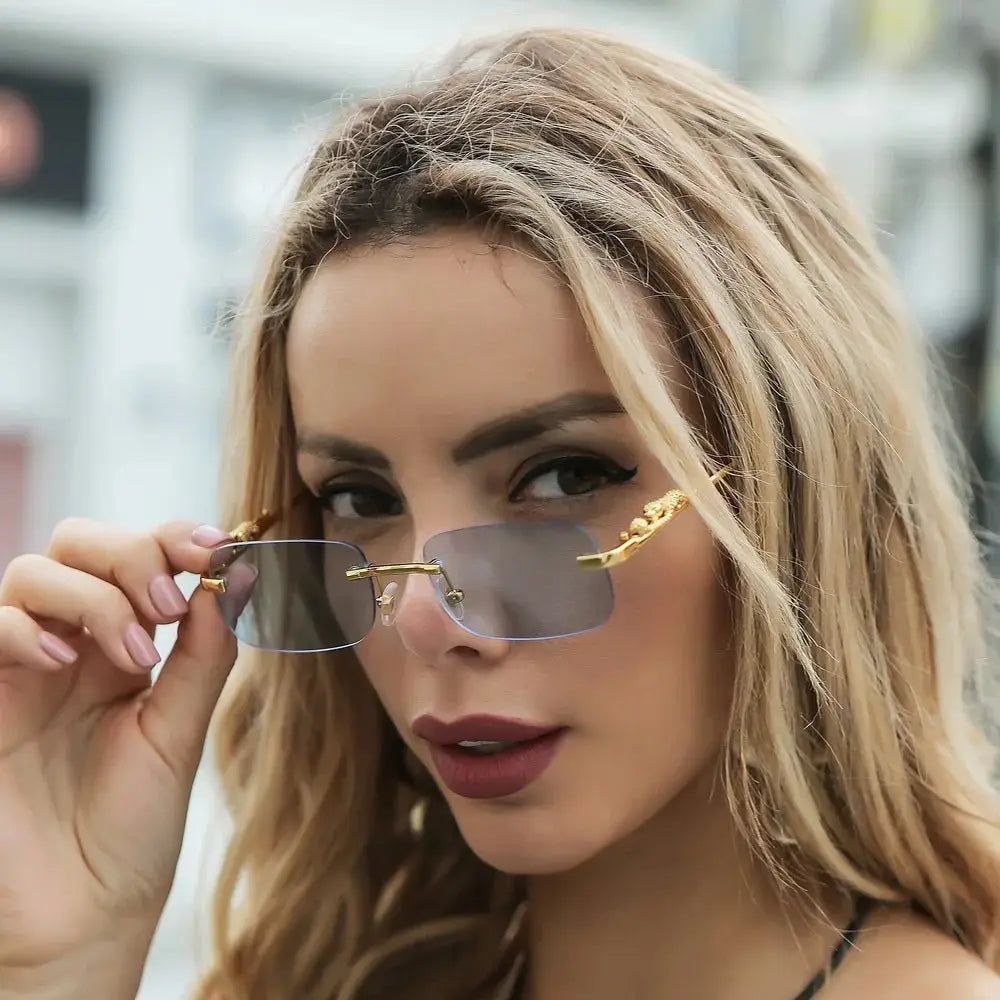 Tinted Rimless Sunglasses in Rectangle Shape with Leopard Head - ShadeSaint