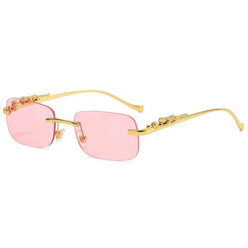 Tinted Rimless Sunglasses in Rectangle Shape with Leopard Head - ShadeSaint