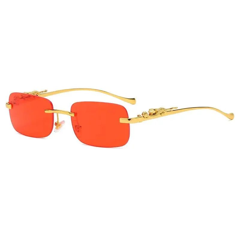 Tinted Rimless Sunglasses in Rectangle Shape with Leopard Head - ShadeSaint