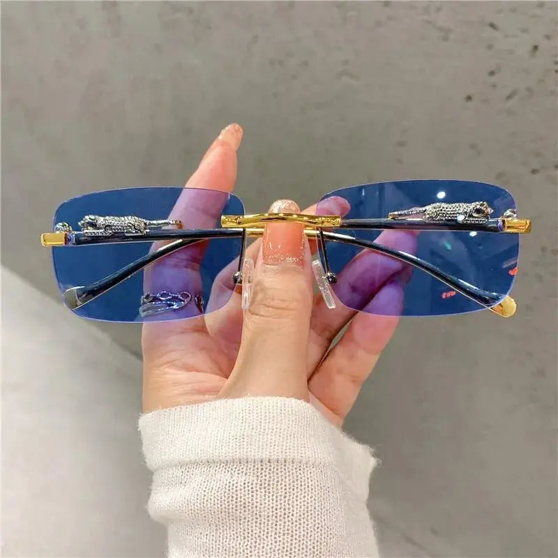 Tinted Rimless Sunglasses in Rectangle Shape with Leopard Head - ShadeSaint