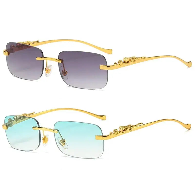 Tinted Rimless Sunglasses in Rectangle Shape with Leopard Head - ShadeSaint