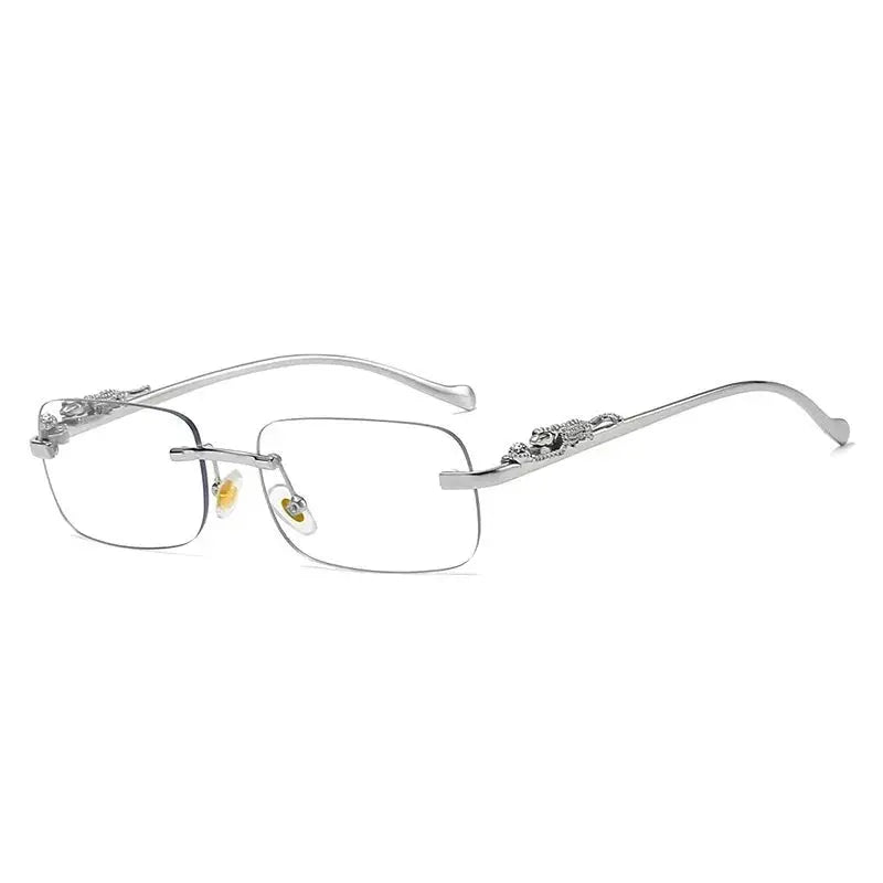Tinted Rimless Sunglasses in Rectangle Shape with Leopard Head - ShadeSaint
