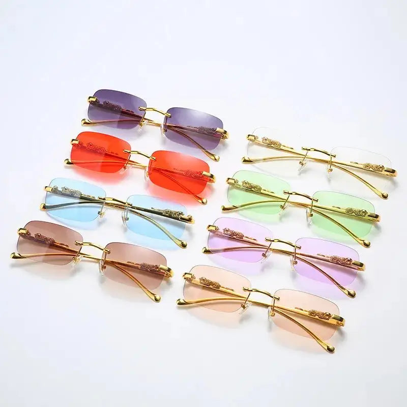Tinted Rimless Sunglasses in Rectangle Shape with Leopard Head - ShadeSaint
