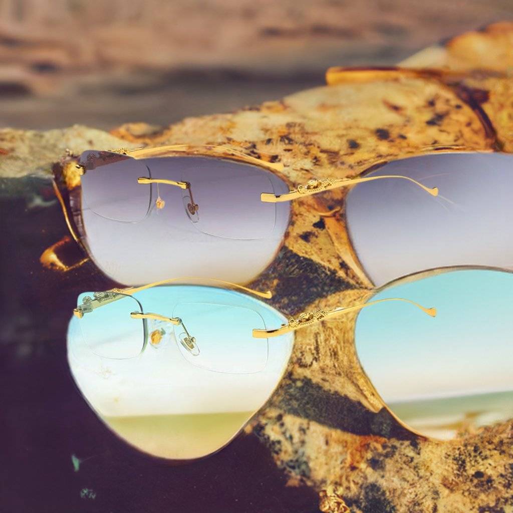 Tinted Rimless Sunglasses in Rectangle Shape with Leopard Head - ShadeSaint