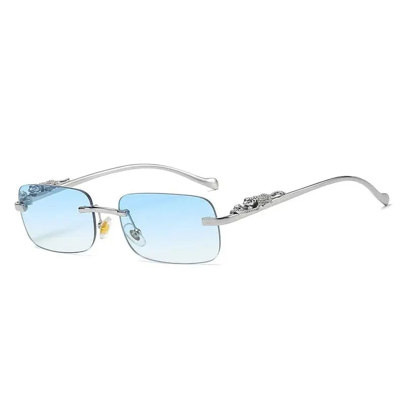 Tinted Rimless Sunglasses in Rectangle Shape with Leopard Head - ShadeSaint