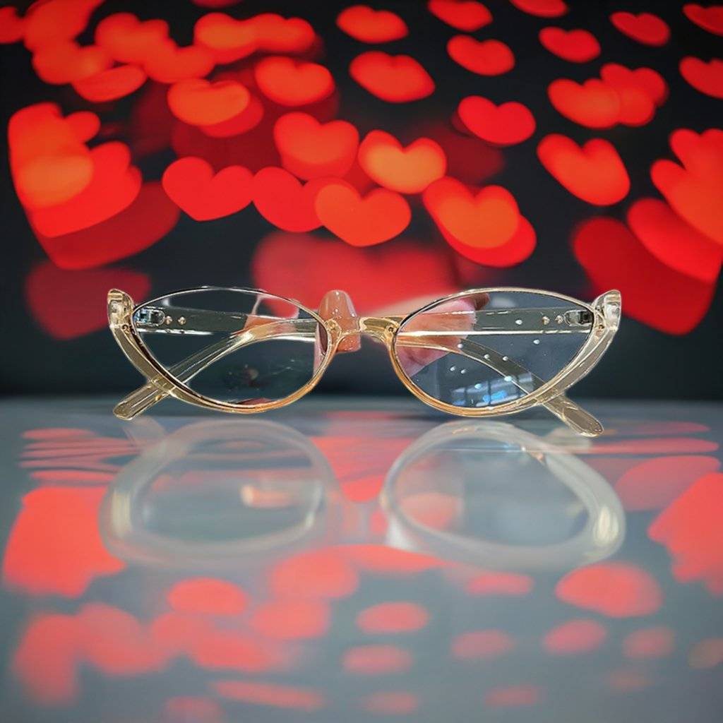 a pair of glasses sitting on top of a table