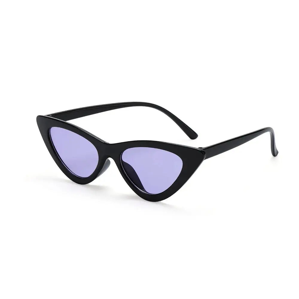 a pair of black sunglasses with purple tinted lenses