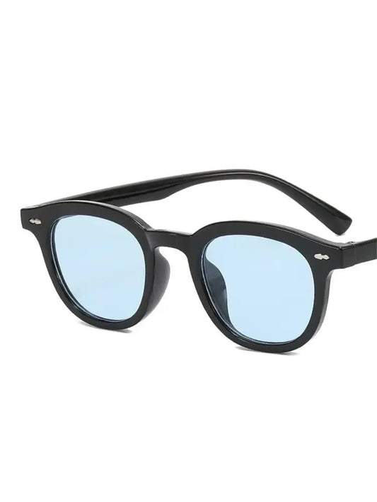 a pair of black sunglasses with blue lenses