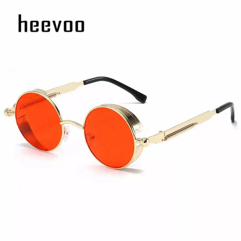 a pair of round sunglasses with orange lenses