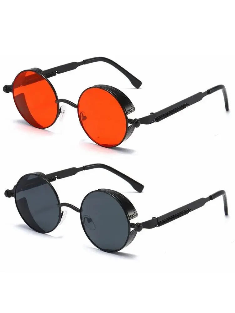 a pair of round sunglasses with orange tinted lenses