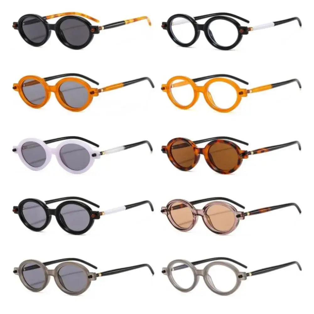 six pairs of sunglasses with different colors and shapes