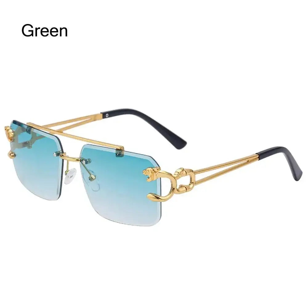 a pair of sunglasses with a gold frame and blue lens