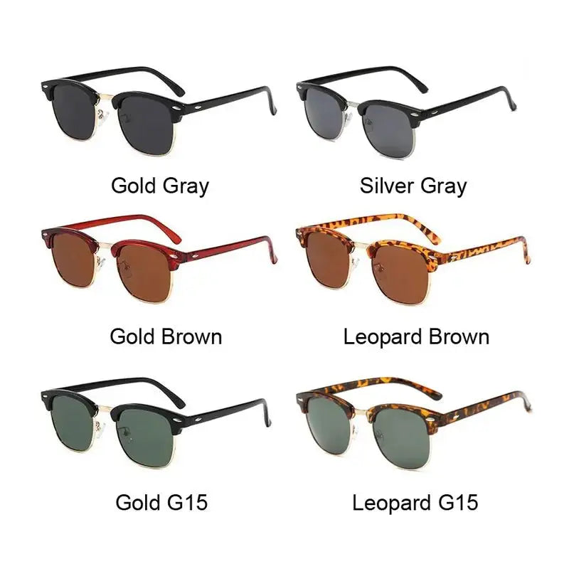 six different styles of sunglasses with different colors