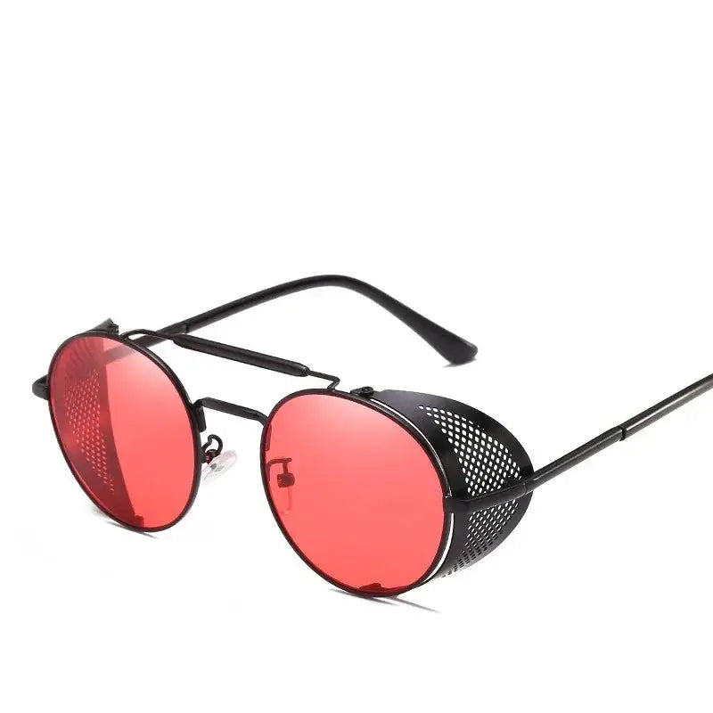 a pair of sunglasses with a metal frame and red lens