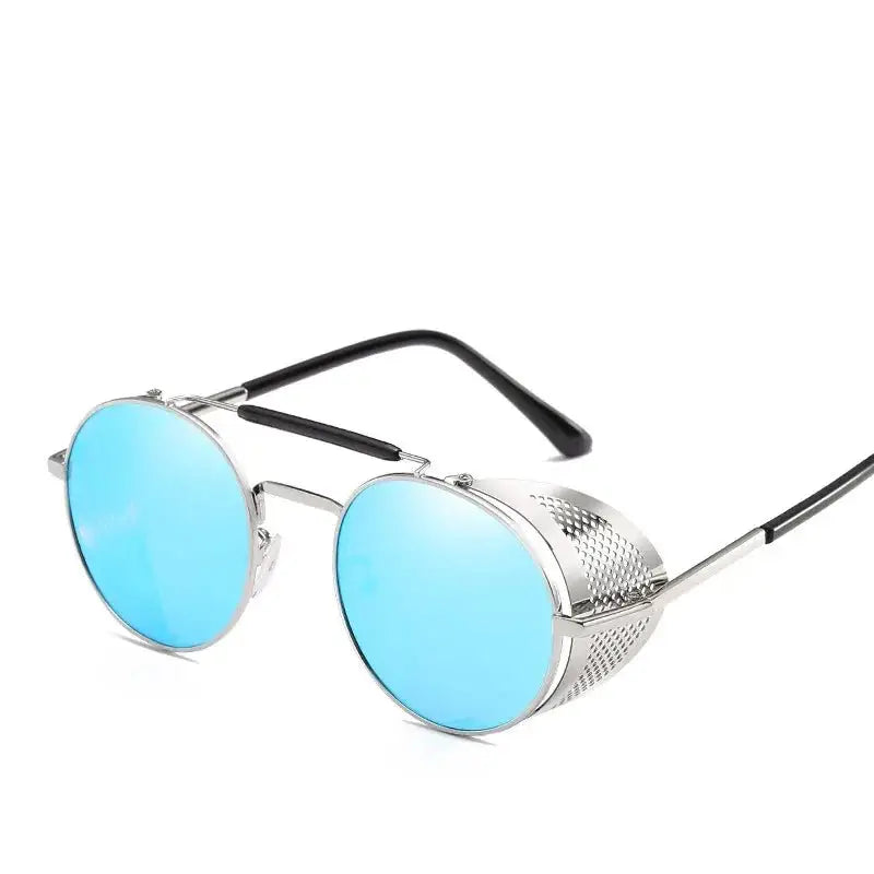 a pair of sunglasses with blue mirrored lenses