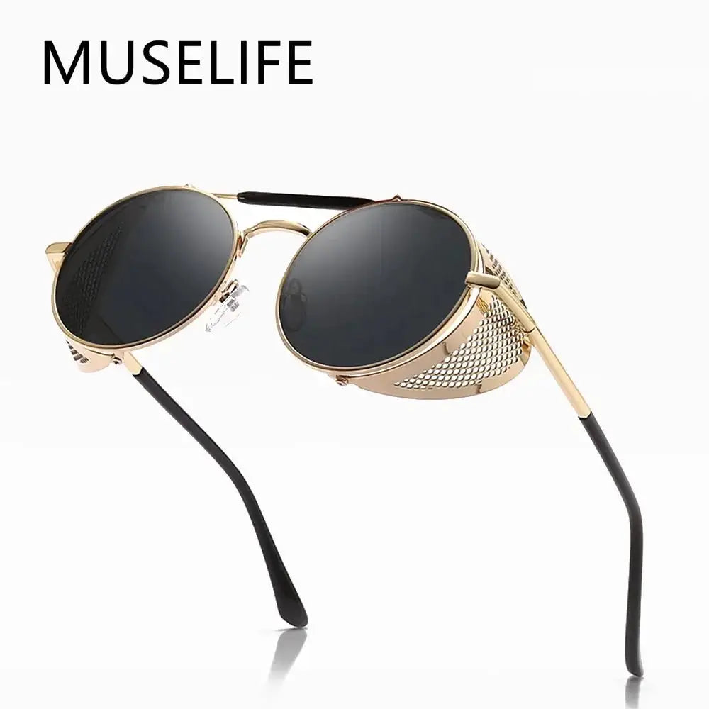 a pair of sunglasses with a metal frame and black lens