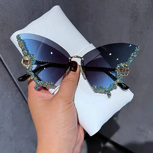 Rimless Sunglasses with Butterfly Shape and Diamond Accents - ShadeSaint