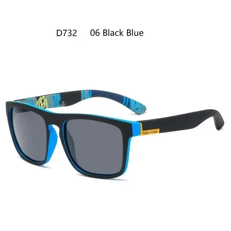 a pair of sunglasses with a blue frame and black lens