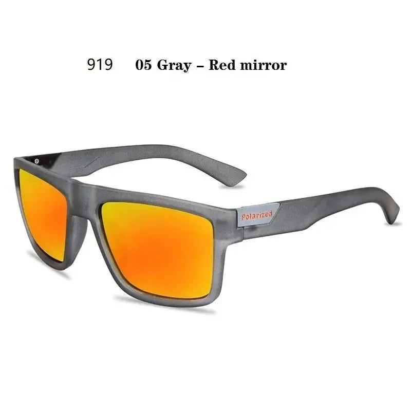 a pair of gray sunglasses with orange mirrored lenses