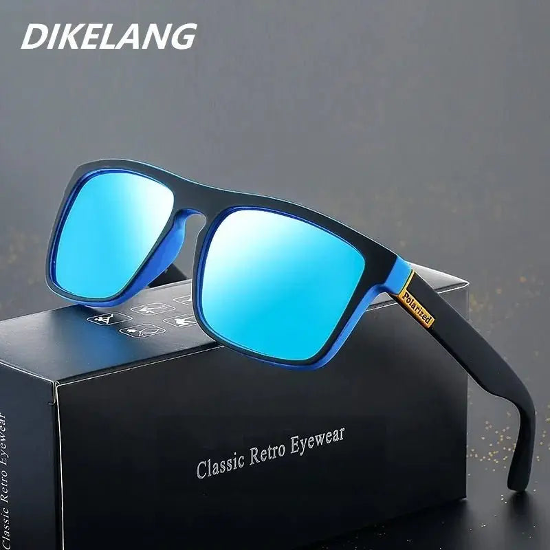 a pair of blue sunglasses sitting on top of a black box
