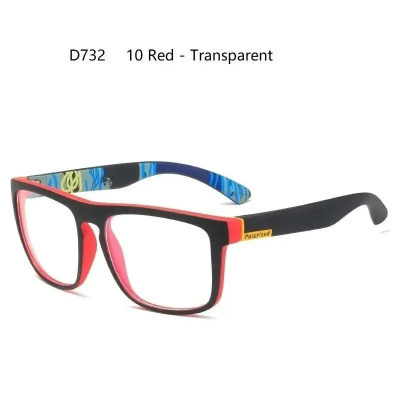 a pair of glasses with red and blue frames