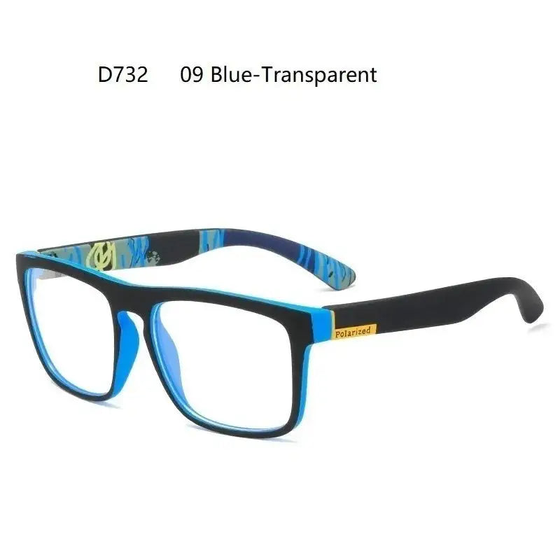 a pair of glasses with blue and black frames