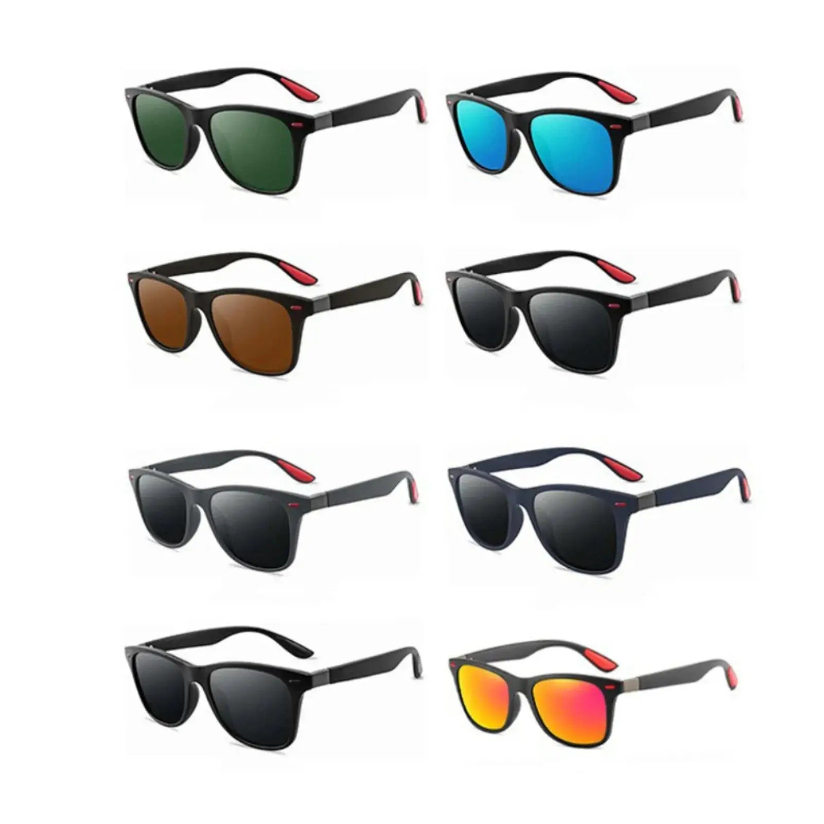 six pairs of sunglasses with different colors